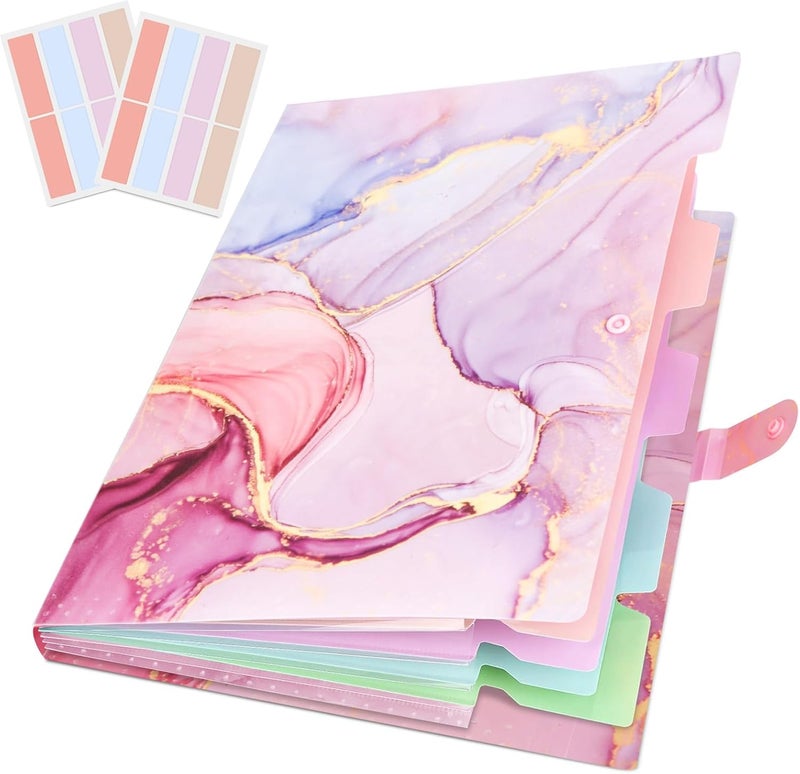 Rihan Expanding File Folder, Aesthetic Folders for School, Accordion File Organizer, Aesthetic Folder with Labels,5 Pockets Important Document Folders for School Office Home(Pink Gold) - Image 1